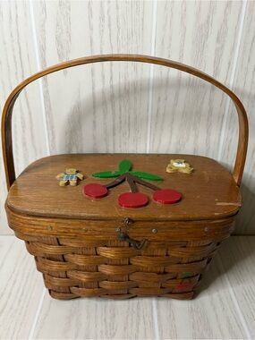 Vintage Wooden Cherry Basket Sewing Box Picnic Basket Hinged Cottagecore